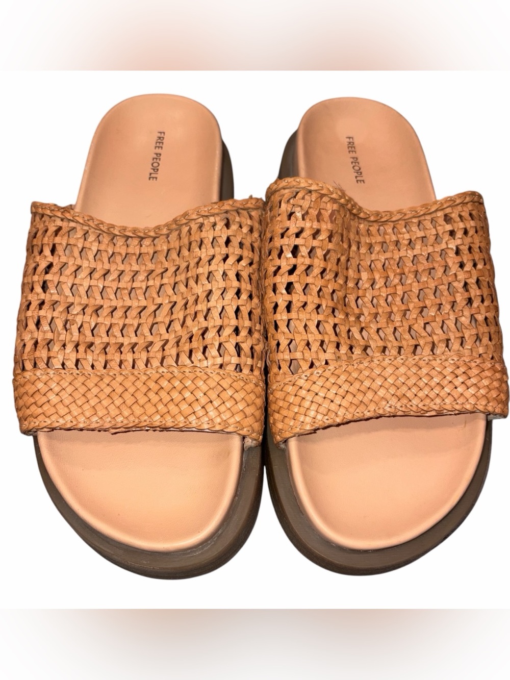 Free People Tan Woven Leather Chunky Platform Bondi Sandals Slides Shoes size 10